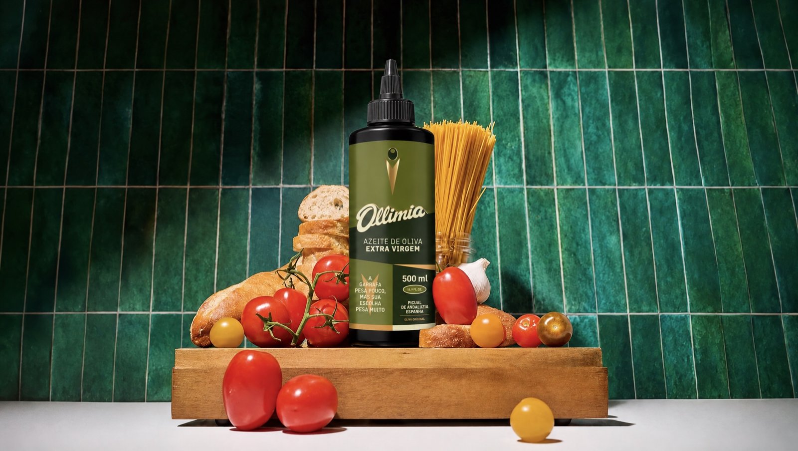 Garrafa squeeze de Ollimia 500 ml sobre uma tábua de madeira com tomates, pão, alho e espaguete, diante de azulejos verdes.