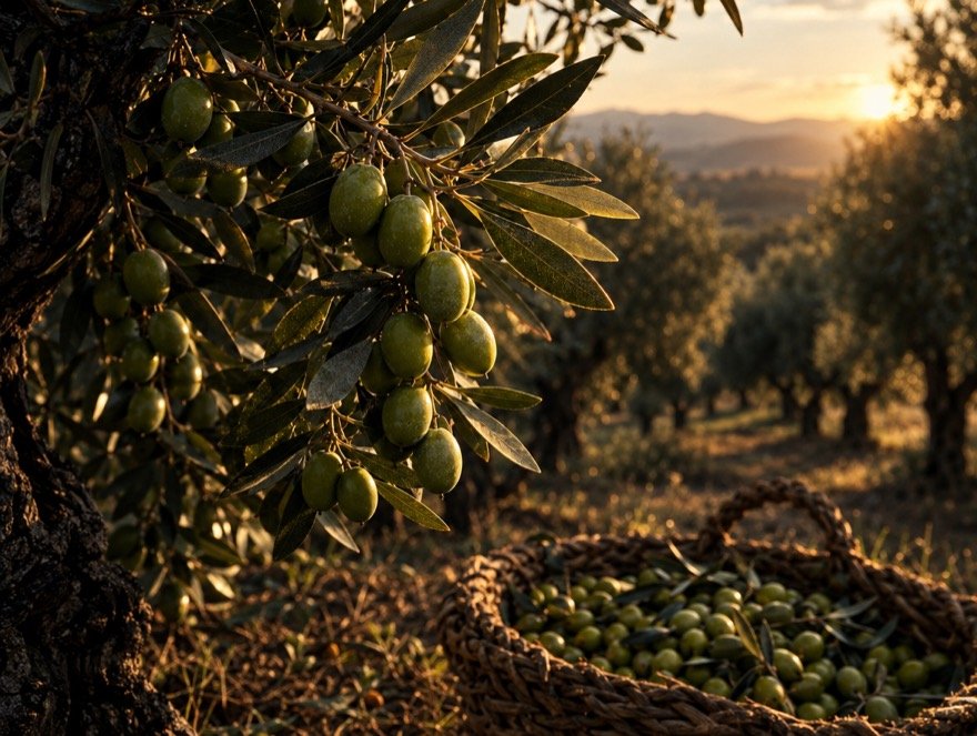 Galho de oliveira carregado de azeitonas verdes ao entardecer, com um cesto de azeitonas recém-colhidas.